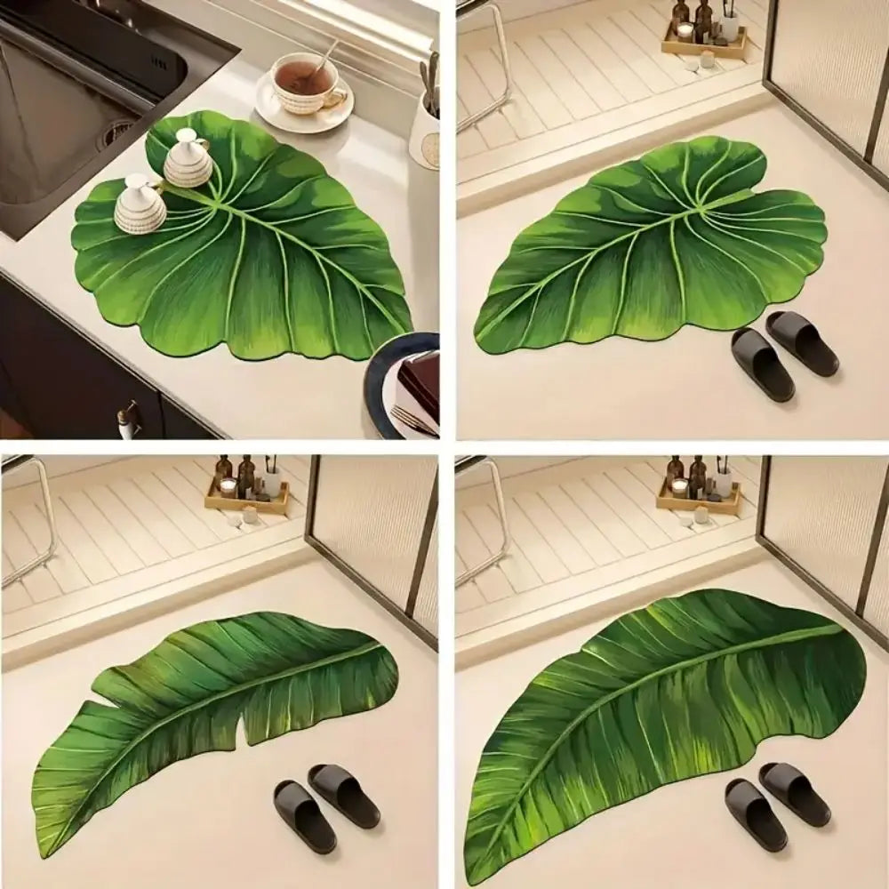 VIKAMA Alfombrilla de baño antideslizante de secado rápido, alfombra de ducha absorbente verde para el suelo del baño, alfombrilla de goma lavable con diseño de hojas y delgada
