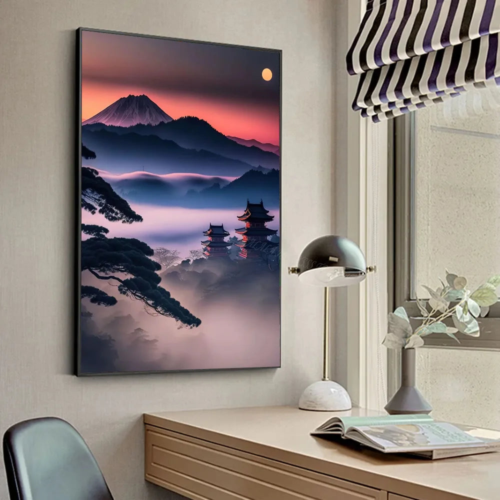Póster Vintage Zen japonés con paisaje del Monte Fuji, peces Koi, póster HD, pósteres para decoración del hogar, habitación, bar, cafetería, pintura artística para pared