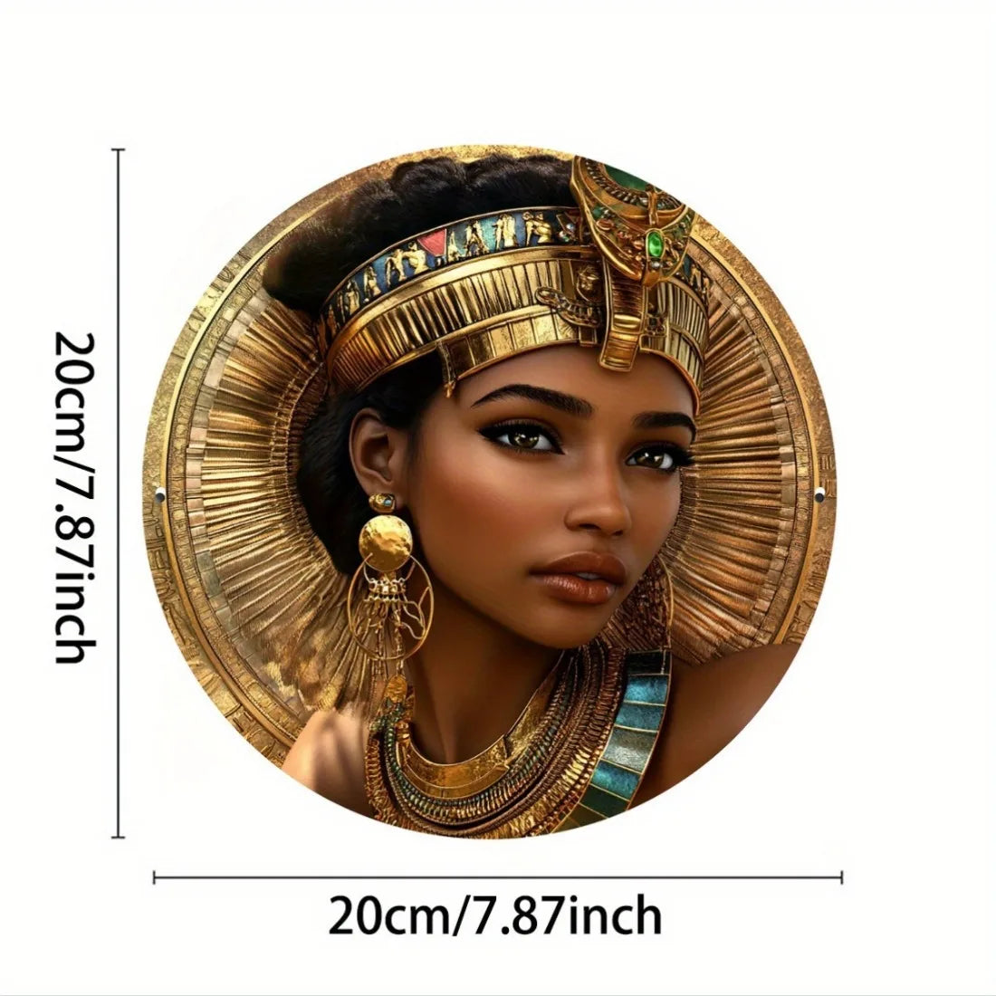 Egyptian Queen Metal Wall Art, 7.87 Inch Round Aluminum Sign with Gold Accents, Vintage Home Decor for Kitchen Office Garden Gar