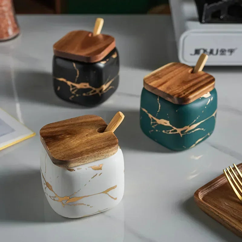 Juego de dos tarros de condimentos esmerilados para cocina japonesa, de cerámica con diseño de mármol, combinado, para sal, azúcar y especias.