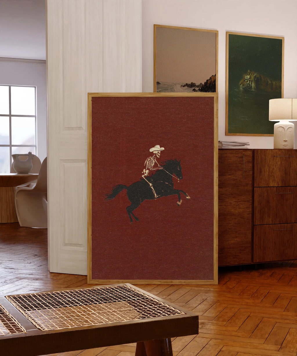 Illustration de Cowboy Squelette, Impression Rodéo, Décoration Murale Gothique, Affiche Cheval, Art Excentrique, Affiche Western, Art Rodéo Rétro, Cowgirl