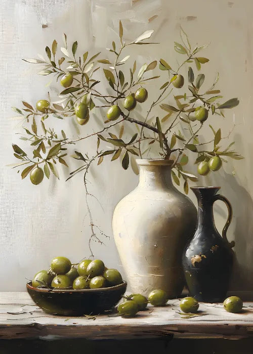 Jarrón de flores de naturaleza muerta, decoración de pared de pintura botánica vintage, jarrones antiguos vintage, impresiones estéticas, pintura de lienzo de olivo