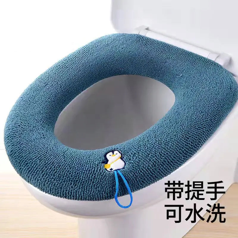 Funda de asiento de inodoro cálida de invierno, alfombrilla de inodoro para baño con asa, cojín grueso suave lavable, accesorios para calentador de inodoro