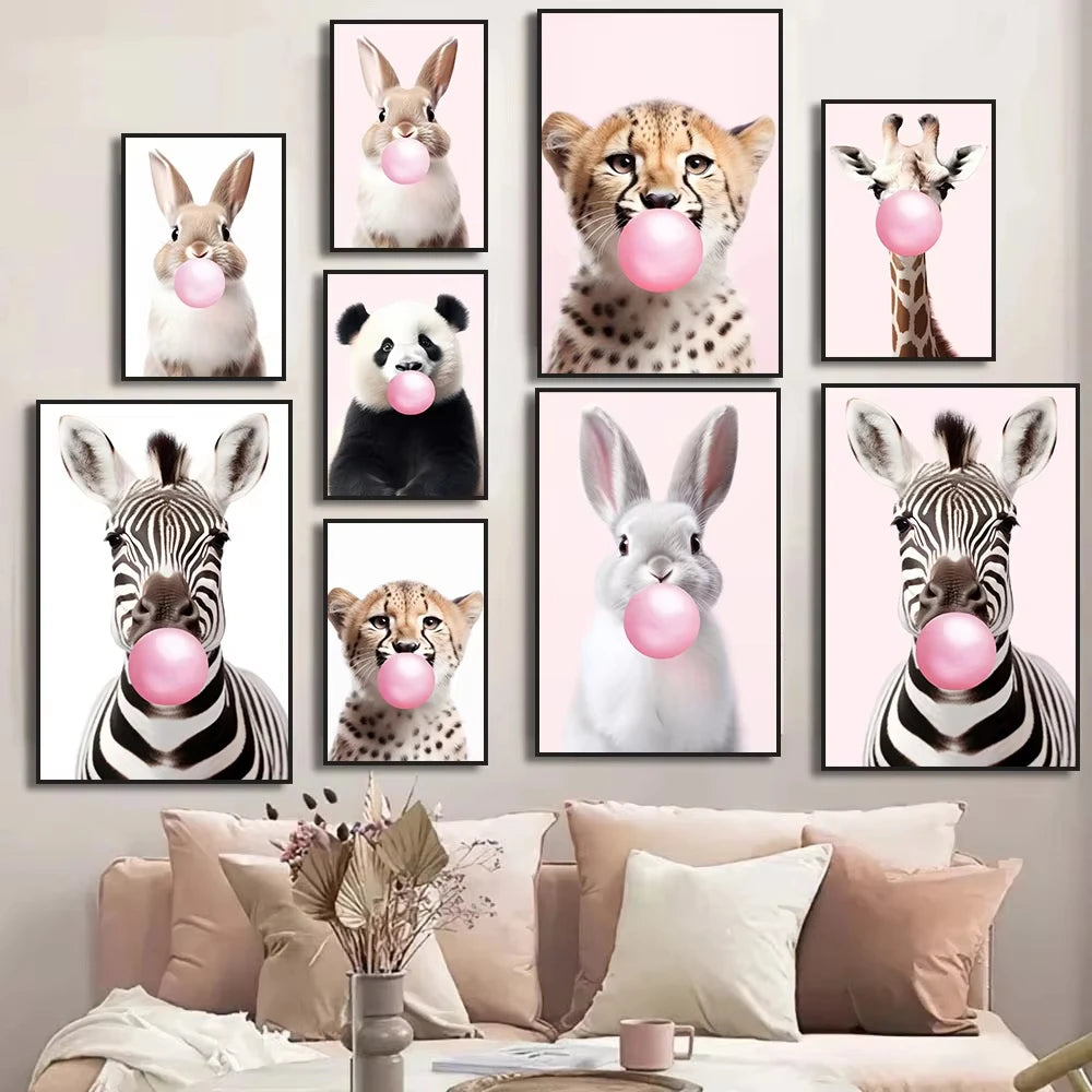 Affiche murale toile d'art mignonne de girafe panda rose, lapin, guépard, zèbre soufflant de la gomme à bulles, peinture pour chambre d'enfant, décoration d'impression animale
