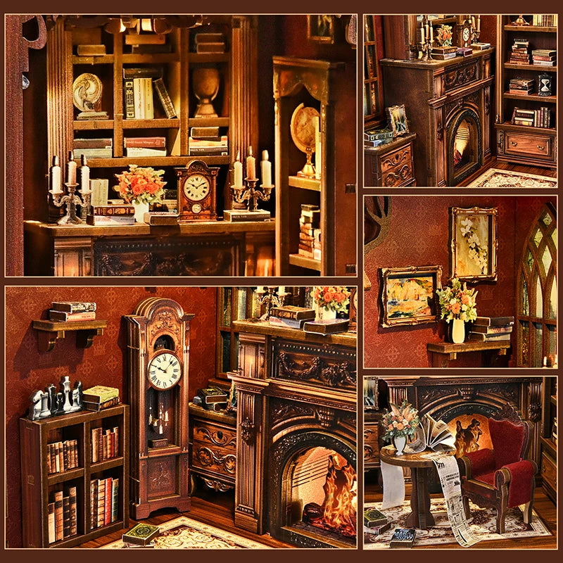 DIY Book Nook Kit - TWILIGHT LIBRARY Wooden Bookend, 3D Puzzle Assembly, Handmade Model for Christmas & Black Friday Gifts