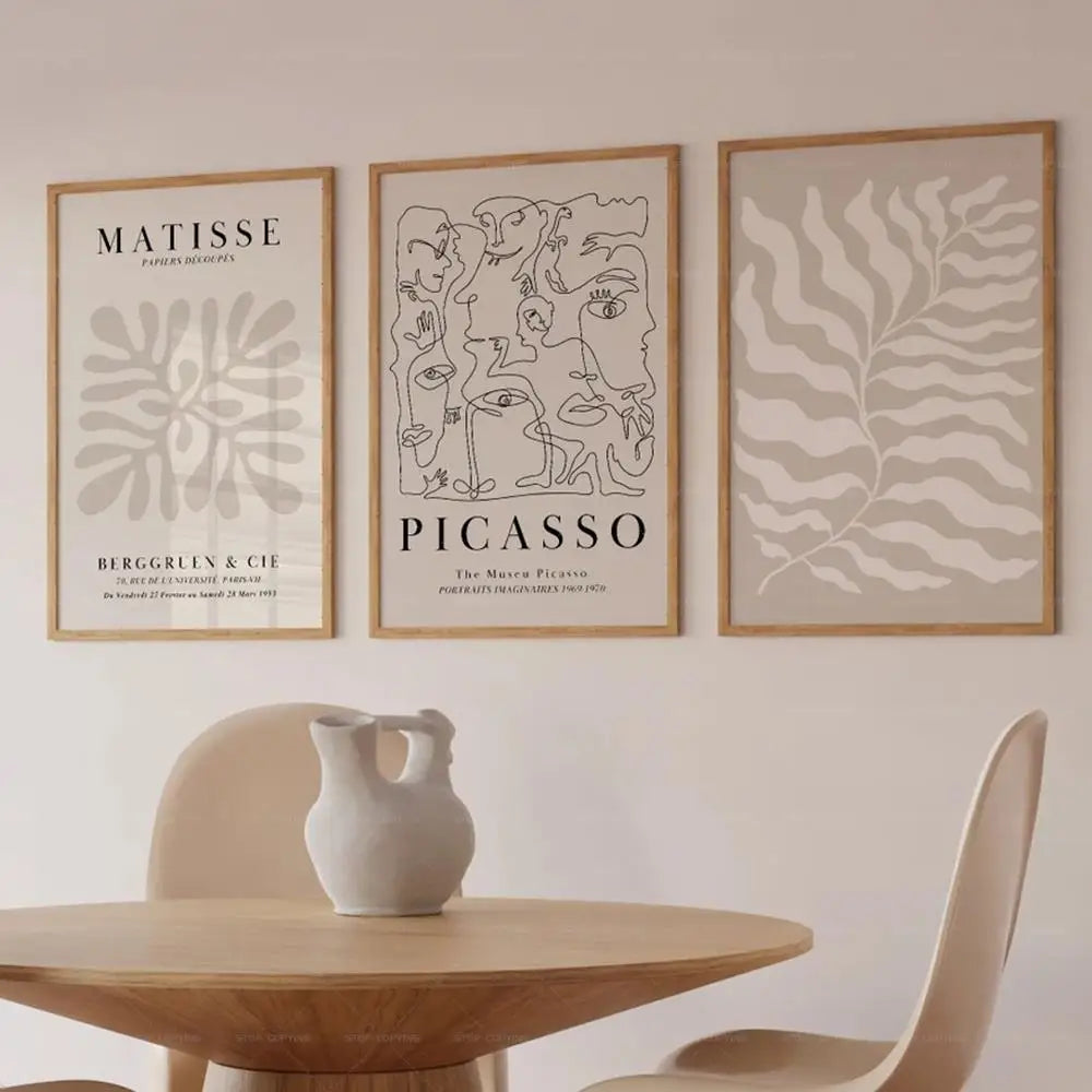 Art mural sur toile « Exposition Matisse Picasso » beige neutre, style milieu de siècle, pour salon, décoration d'intérieur, cadeau