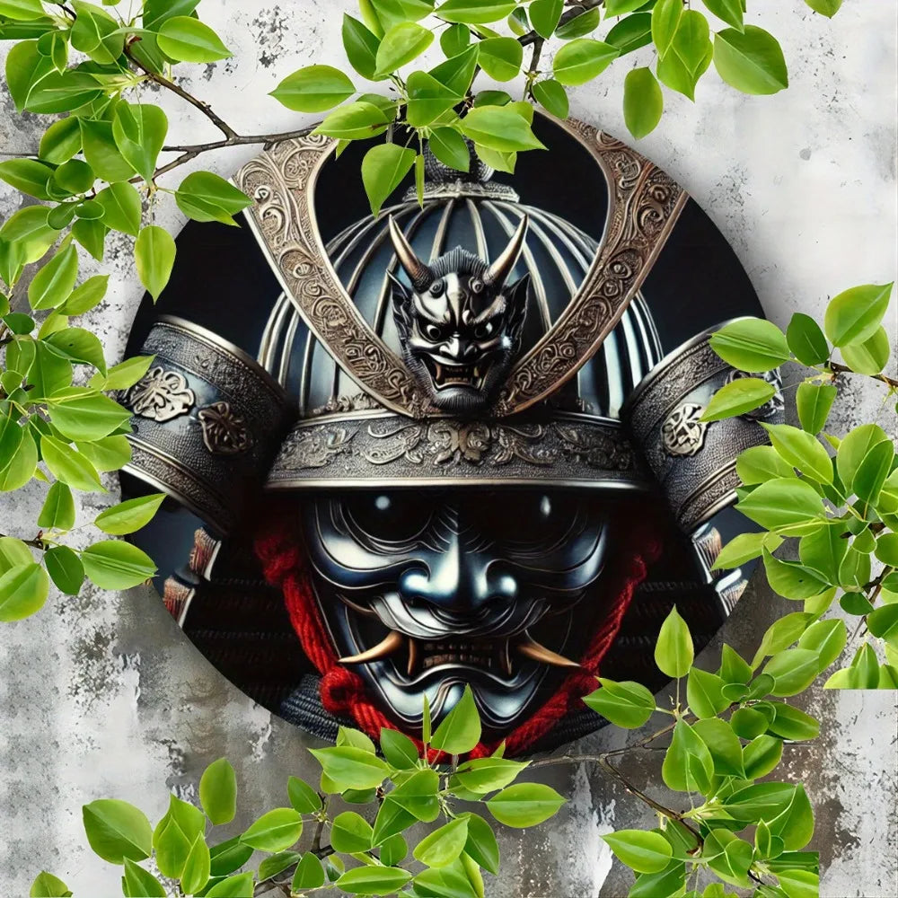 Letrero metálico redondo: Casco de samurái japonés (máscara de Oni) - Decoración de pared, dormitorio, cafetería, hogar y dormitorio universitario