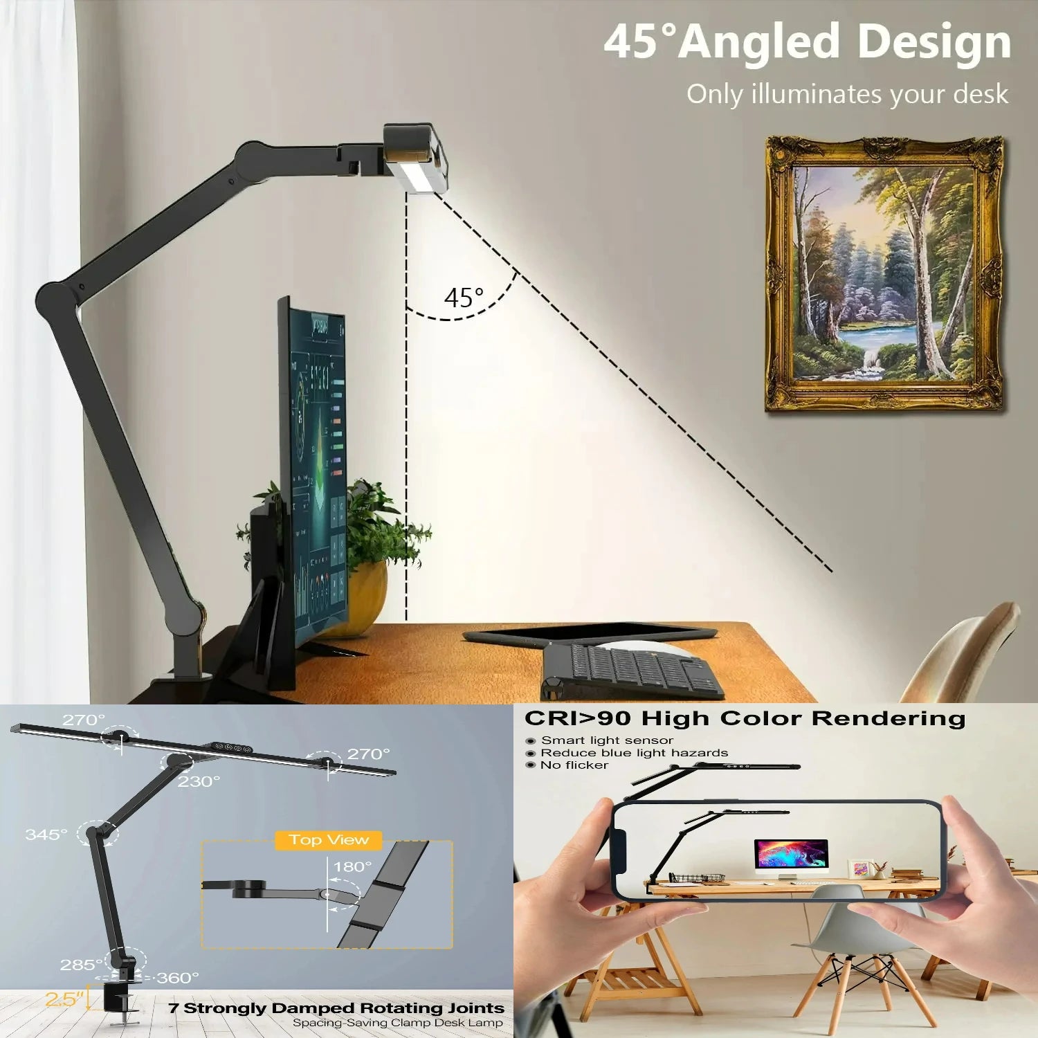 Lampe de Bureau LED avec Pince Lampe d'Architecte pour Bureau à Domicile 24W Ultra Lumineuse Gradation Automatique Éclairage PC Lampe de Table à Intensité Variable en Continu