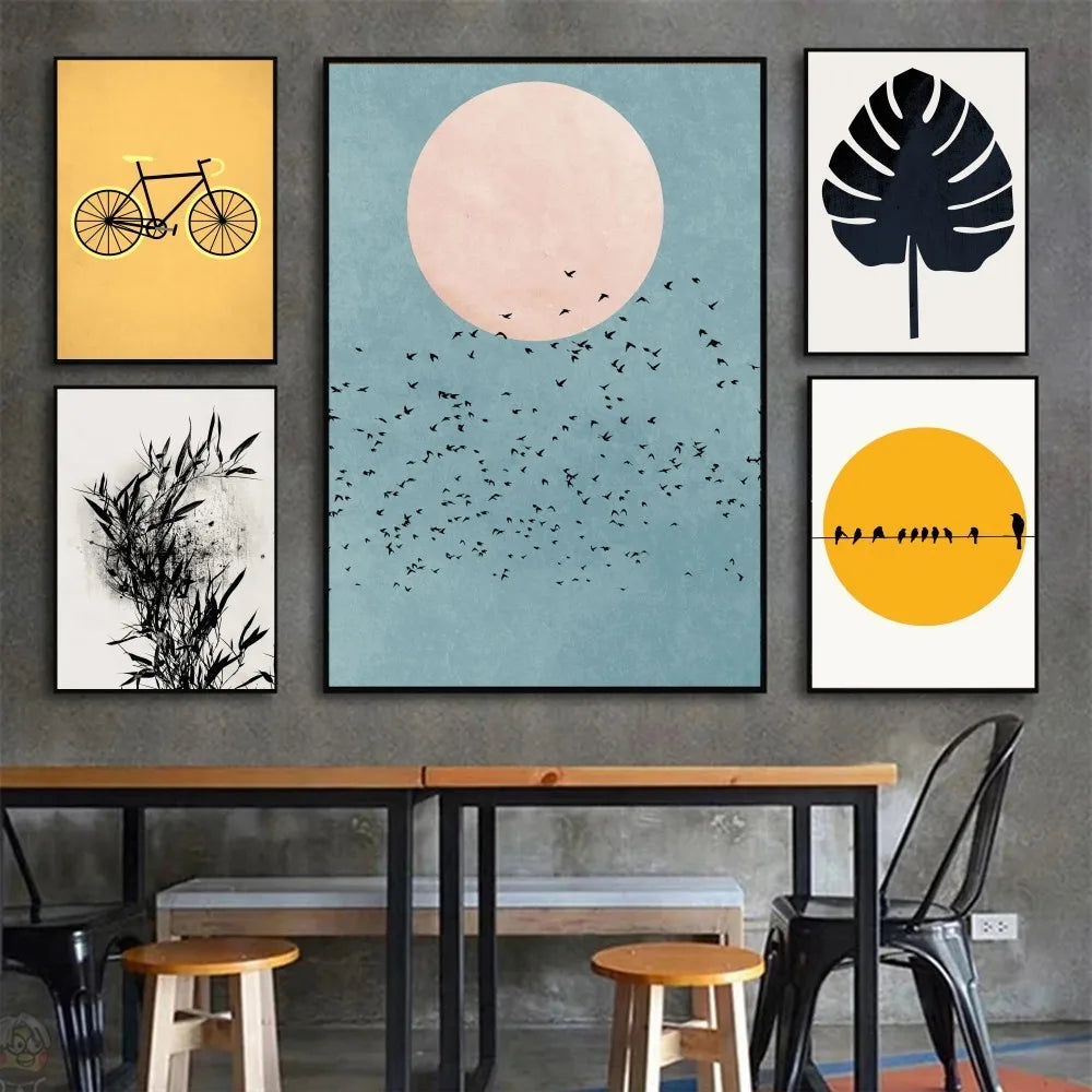 Tableau mural moderne de style bohème minimaliste, arbres, oiseaux, soleil, paysage, affiches HD, décoration pour maison, chambre, bar, café