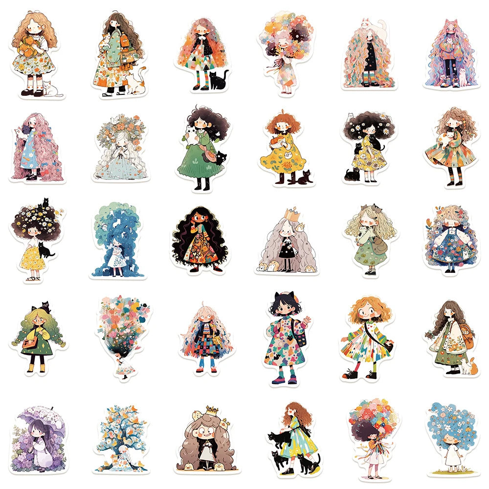 10/30/50 pegatinas de dibujos animados bonitos de niña, anime, calcomanías estéticas para nevera, portátil, teléfono, álbum de recortes, diario, decoración, juguete para niños