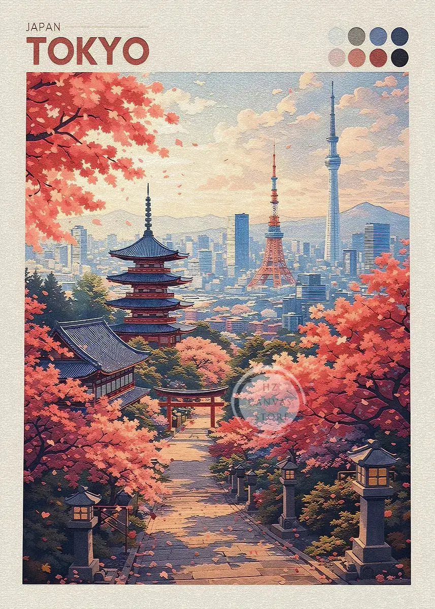 Japan Cityscape Poster Tokyo Shizuoka Cherry Blossoms Mt.Fuji Autumn Torii Gate Okayama Castle Canvas Print Living Room Decor