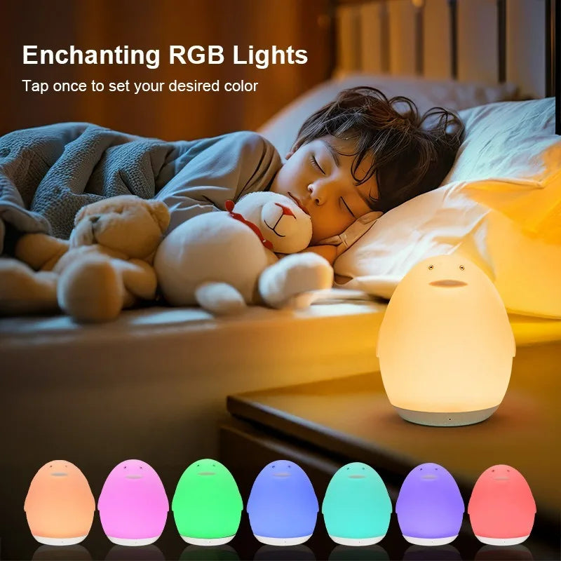 Lampe de nuit colorée RVB en forme d'œuf de pingouin, en silicone, veilleuse pour bébé, changement de couleur par tapotement, rechargeable par USB, pour chambre à coucher, chevet