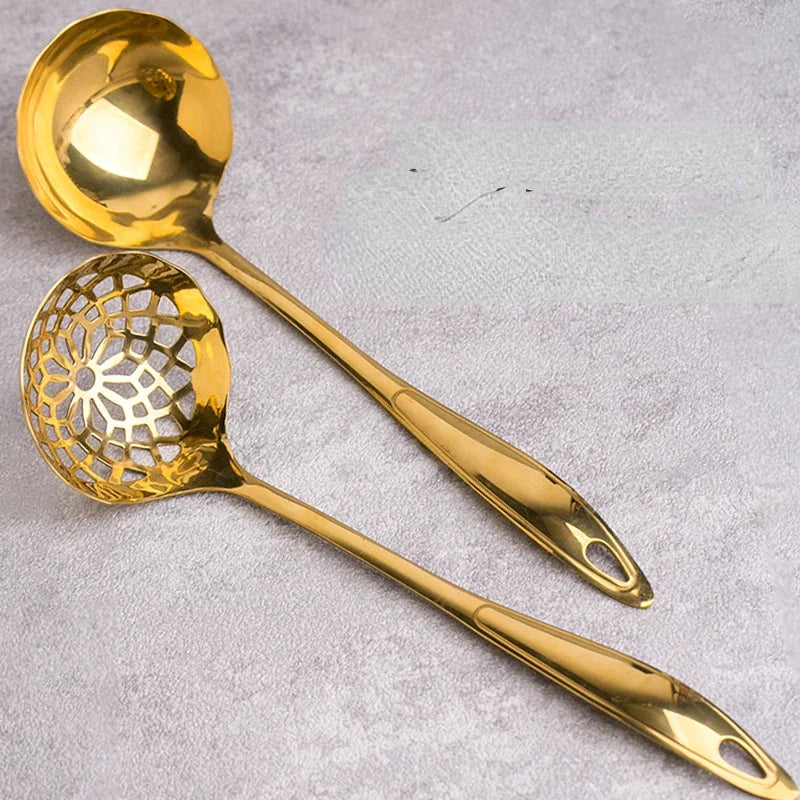 Cuillère à soupe commerciale en acier inoxydable à long manche, cuillère à pot chaud, grande cuillère à soupe dorée, pot chaud, 2 en 1