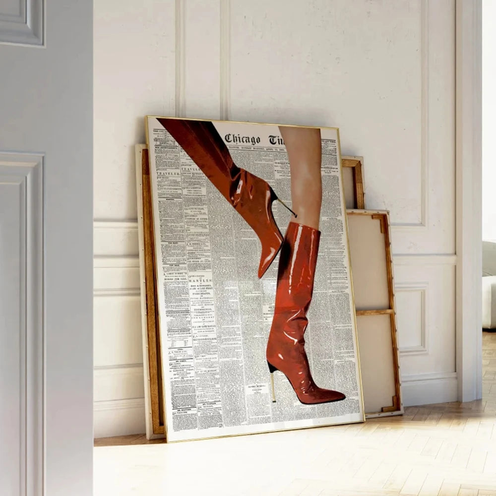 Modern Retro Newspaper Red Boots Fashion Leopard Boots Vintage Wall Art Canvas Painting Posters For Living Room Home Decor