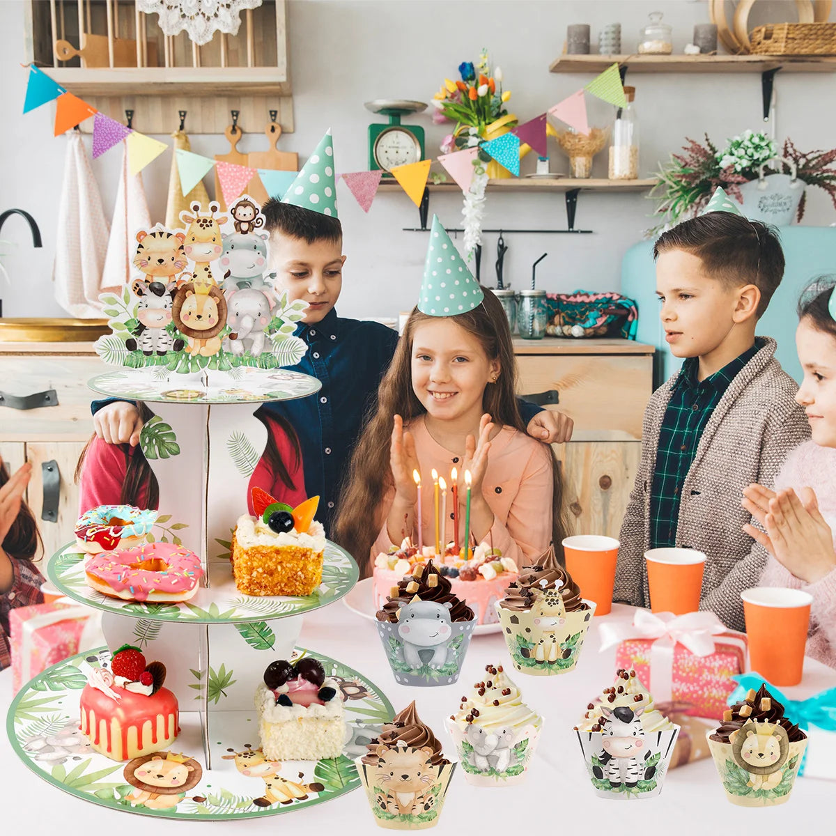 Présentoir à cupcakes Safari Animaux de la Jungle Décorations de Fête d'Anniversaire Baby Shower Support à Gâteaux Fournitures de Fête d'Anniversaire Thème Animaux Sauvages pour Enfants