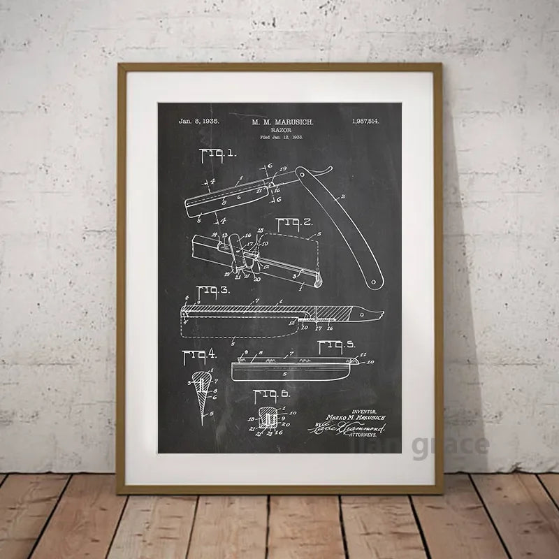 Barber Patent Blueprints Vintage Posters Canvas Prints ,Shaving Brush, Scissors Barber's Pole, Cutthroat Razor Barbershop Decor