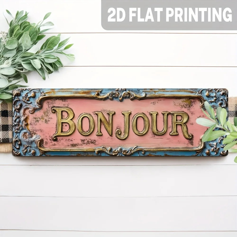 Cartel de madera vintage francés "Bonjour" - Decoración floral parisina para cafetería de 5x16", arte para sala de estar o dormitorio