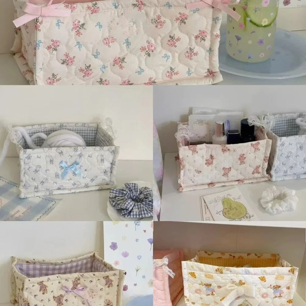 Cesta de almacenamiento cuadrada con encaje y flores, organizador de escritorio, cesta de almacenamiento acolchada coreana, bonita cesta de almacenamiento, decoración del hogar