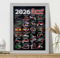 Cadeaux et Tentations 2026 Affiche du calendrier des événements de Formule Racing avec les tracés des pistes et les drapeaux nationaux, Impression d'art mural