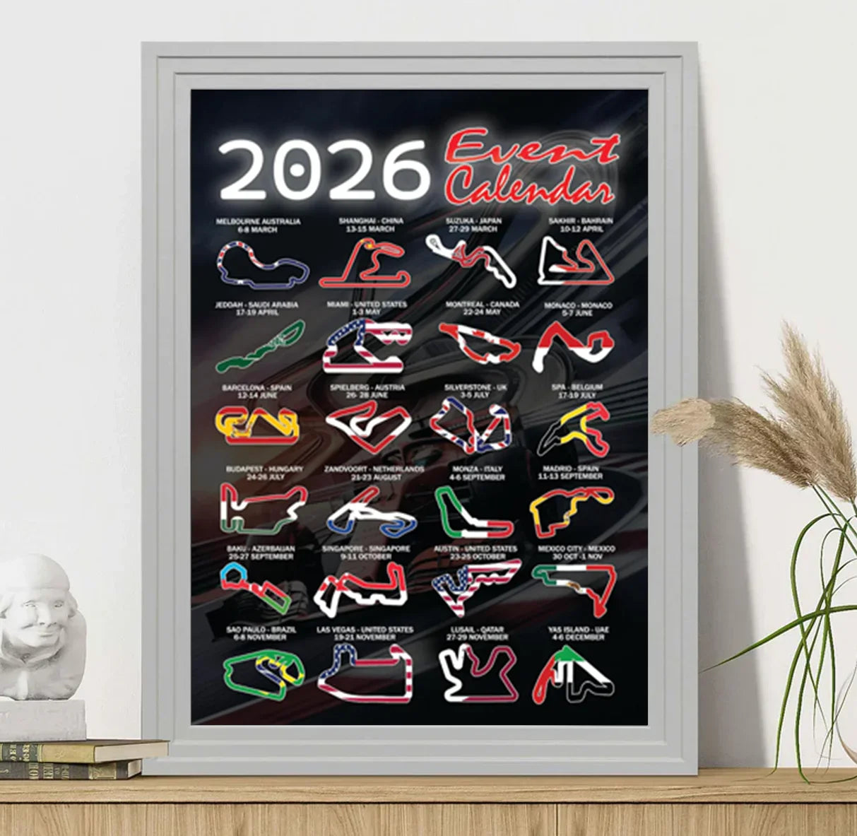 Cadeaux et Tentations 2026 Affiche du calendrier des événements de Formule Racing avec les tracés des pistes et les drapeaux nationaux, Impression d'art mural