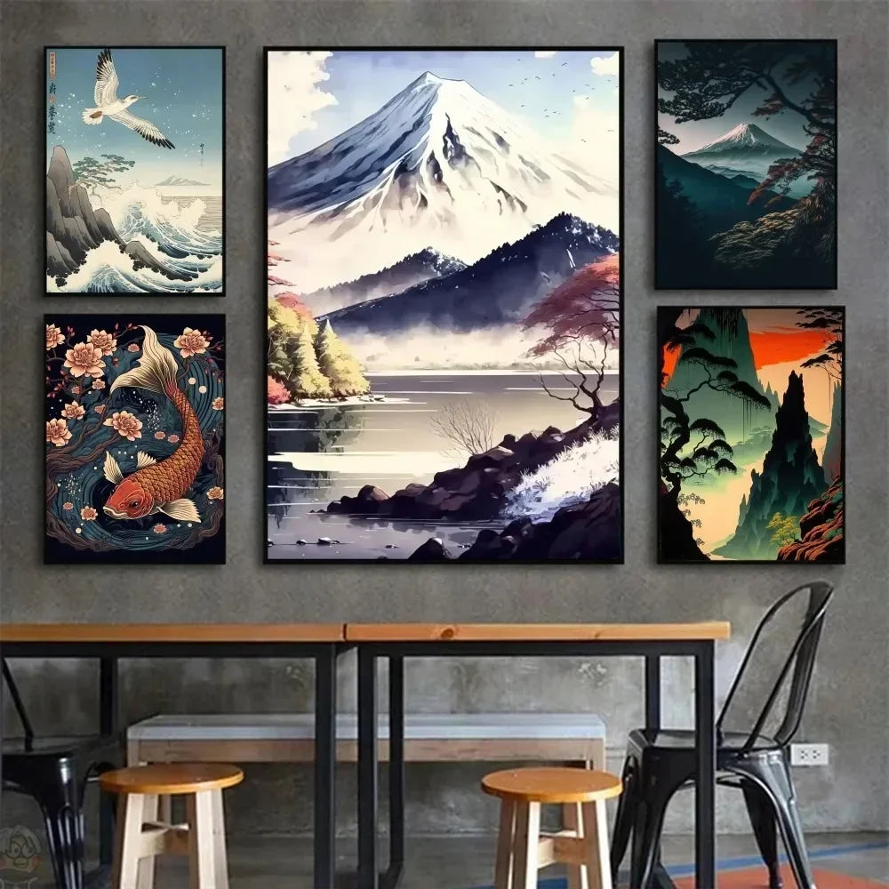 Póster Vintage Zen japonés con paisaje del Monte Fuji, peces Koi, póster HD, pósteres para decoración del hogar, habitación, bar, cafetería, pintura artística para pared