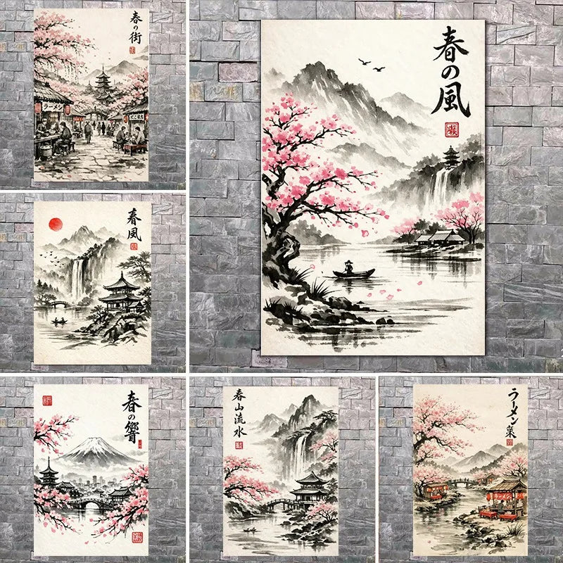 Tableau Paysage Peinture à l'Encre Japonaise Fleurs de Cerisier de Printemps Impression sur Toile Affiche Murale Style Asiatique pour Salon Décoration Maison Cadeau