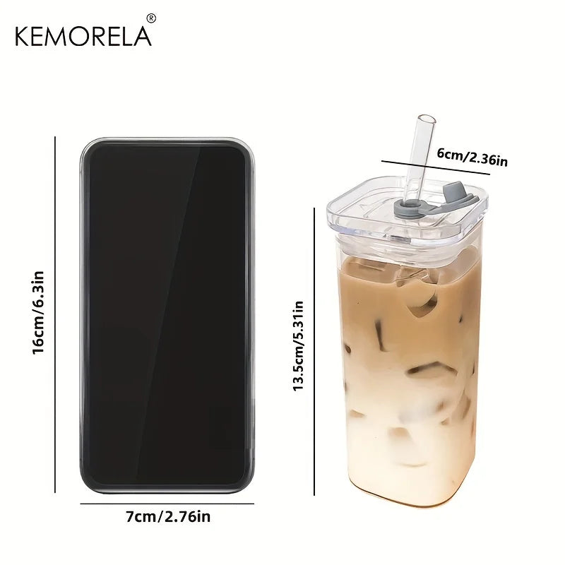 Tasse à café en verre carré résistante à la chaleur avec couvercle et paille, transparente, pour lait, thé, jus, pour la maison, le bar, vaisselle, lot de 1/2/4/6 pièces