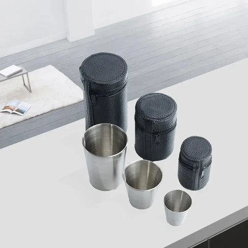 2025 4 tazas de acero inoxidable para viaje, copas pequeñas para whisky, vino con estuche, vasos portátiles de 30 ml/70 ml/170 ml