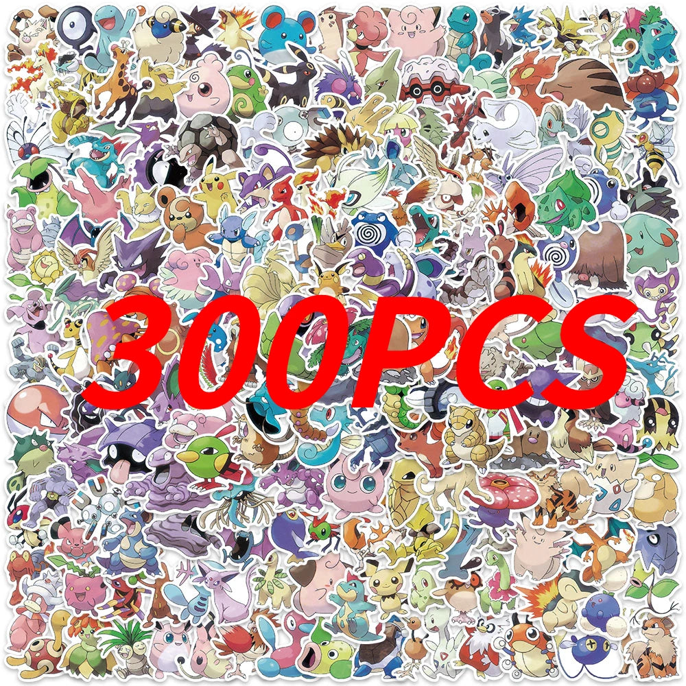 100/200/300 piezas de pegatinas de Pokémon Kawaii Pikachu calcomanías decorativas para ordenador portátil, monopatín, coche, equipaje, teléfono, juguete, pegatinas impermeables