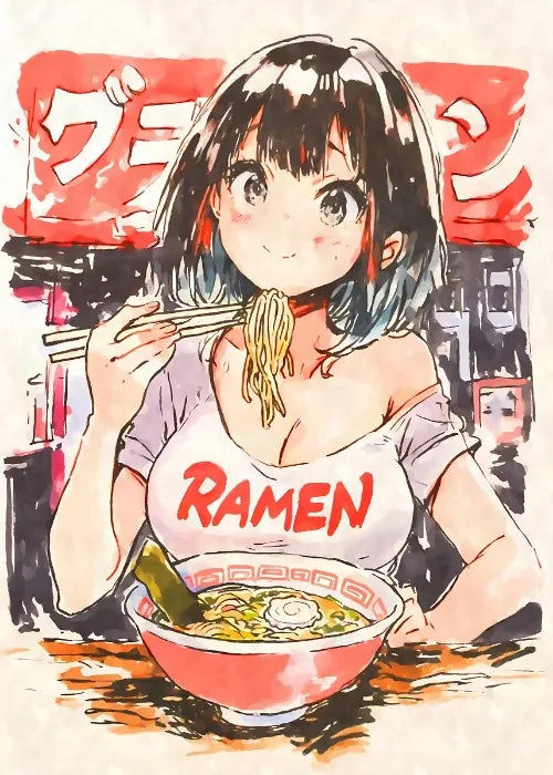 Cat Ear Anime Girl Eating Ramen Poster Aesthetic Anime Ramen Art Prints Japanese Style Cartoon Decor Sexy Girl Canvas Painting
