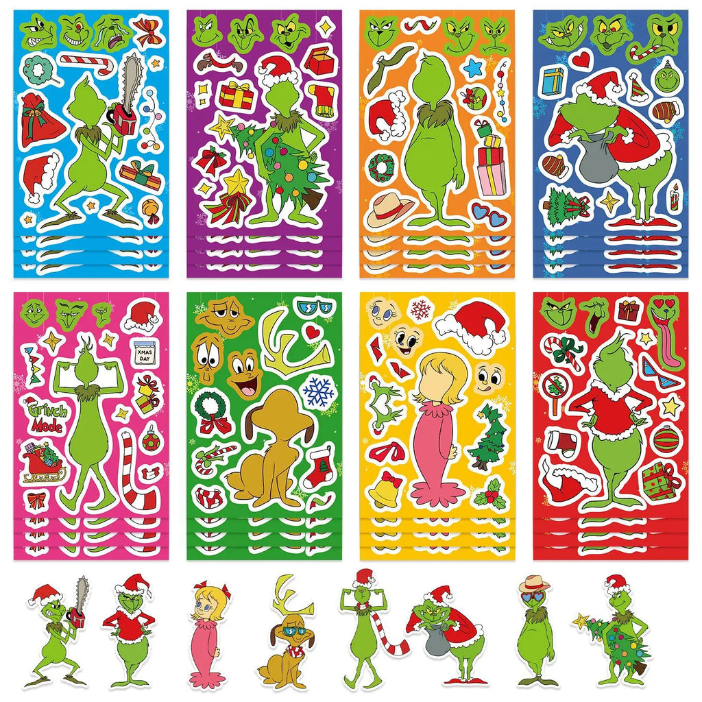 8/16/24PCS Pegatinas de Rompecabezas Monstruo de Pelo Verde de Dibujos Animados Pegatinas para Hacer Caras Manualidades DIY Pegatinas Impermeables