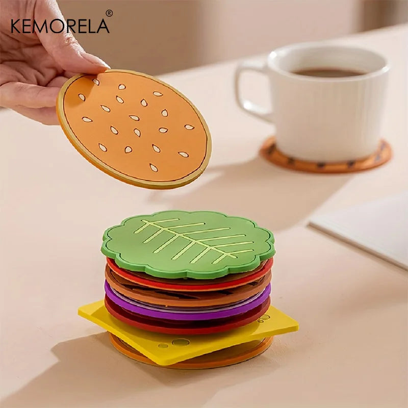 8 unids/set Posavasos con forma de hamburguesa Almohadilla creativa para taza Estera de aislamiento de silicona Soporte para tazas Decoraciones de mesa de comedor de cocina y bar Regalo para niños
