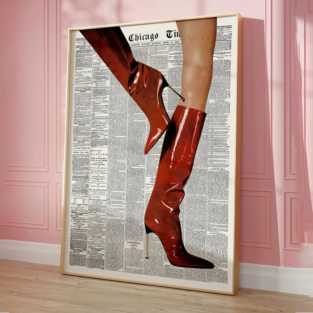 Modern Retro Newspaper Red Boots Fashion Leopard Boots Vintage Wall Art Canvas Painting Posters For Living Room Home Decor