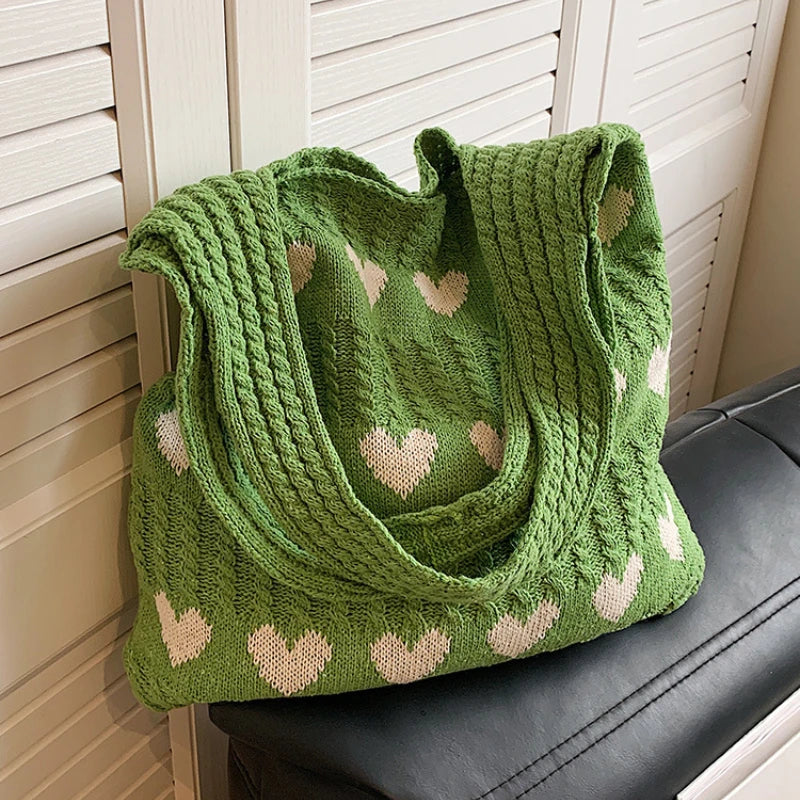 1 Bolso de Punto, Bolso Tote con Forma de Corazón, Bolso de Hombro Diagonal para Mujer, Bolso Tejido Moderno y Personalizado