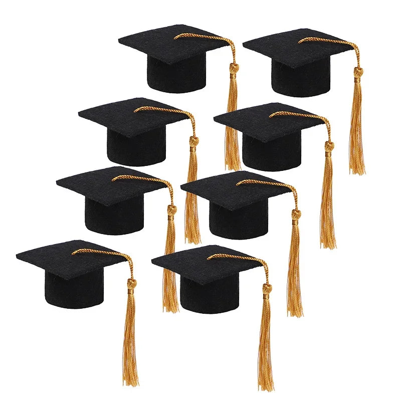 5/10 Piezas Gorro de Fieltro de Soltero con Borlas para Fiesta de Graduación, Decoración DIY, Tapa de Botella de Vino, Mini Gorro de Graduado, Cajas de Regalo para Dulces