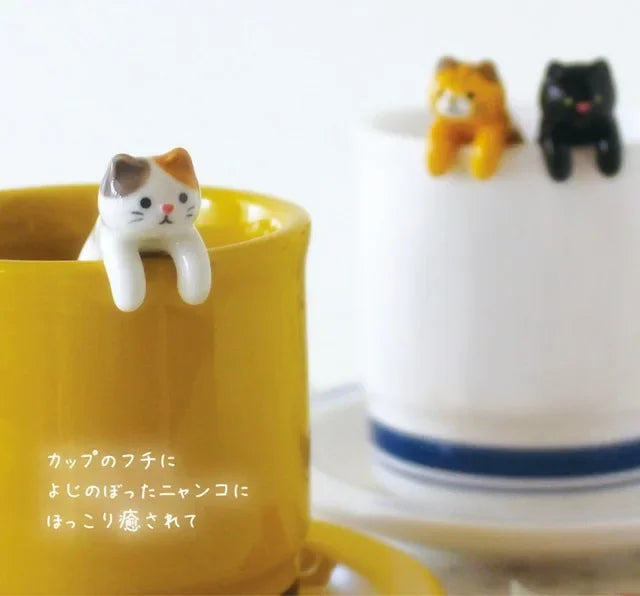 Taza de café de cerámica Ins, cuchara mezcladora para colgar, cuchara de postre para helado, cuchara colgante de gato tridimensional pintada a mano