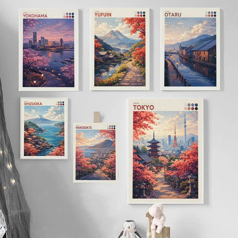 Japan Cityscape Poster Tokyo Shizuoka Cherry Blossoms Mt.Fuji Autumn Torii Gate Okayama Castle Canvas Print Living Room Decor