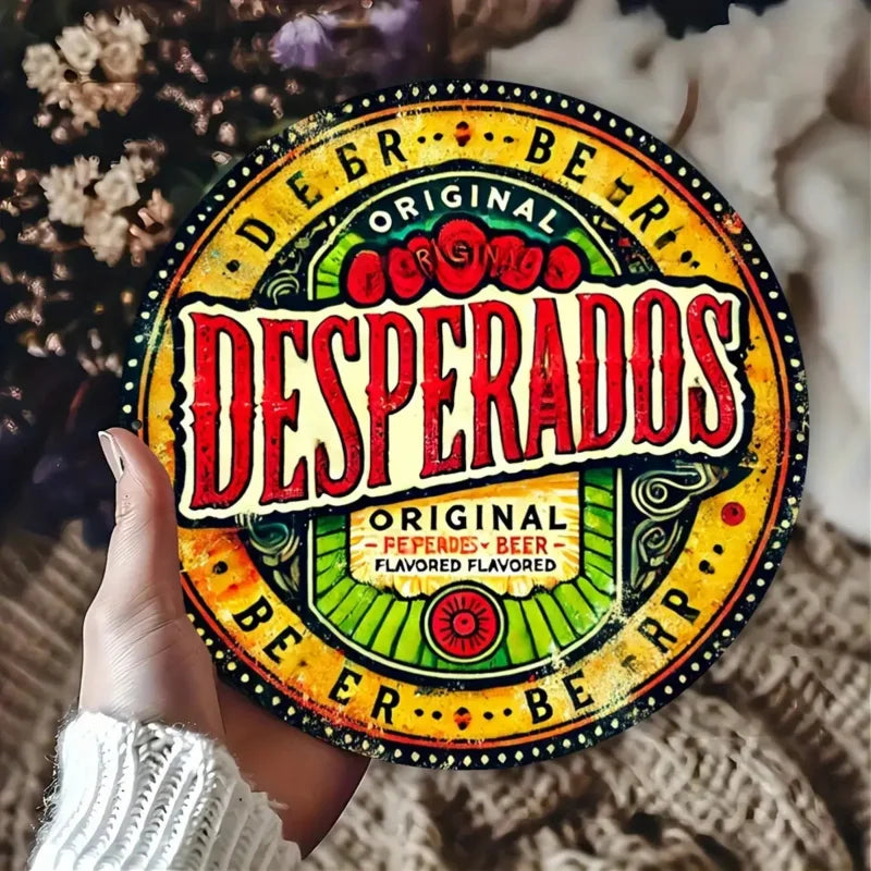 [Bar Highlight] Cartel de Metal Redondo de Cerveza Desperados Vintage - Arte de Pared de Aluminio de 8x8 Pulgadas con Colores Vivos y Diseño Floral