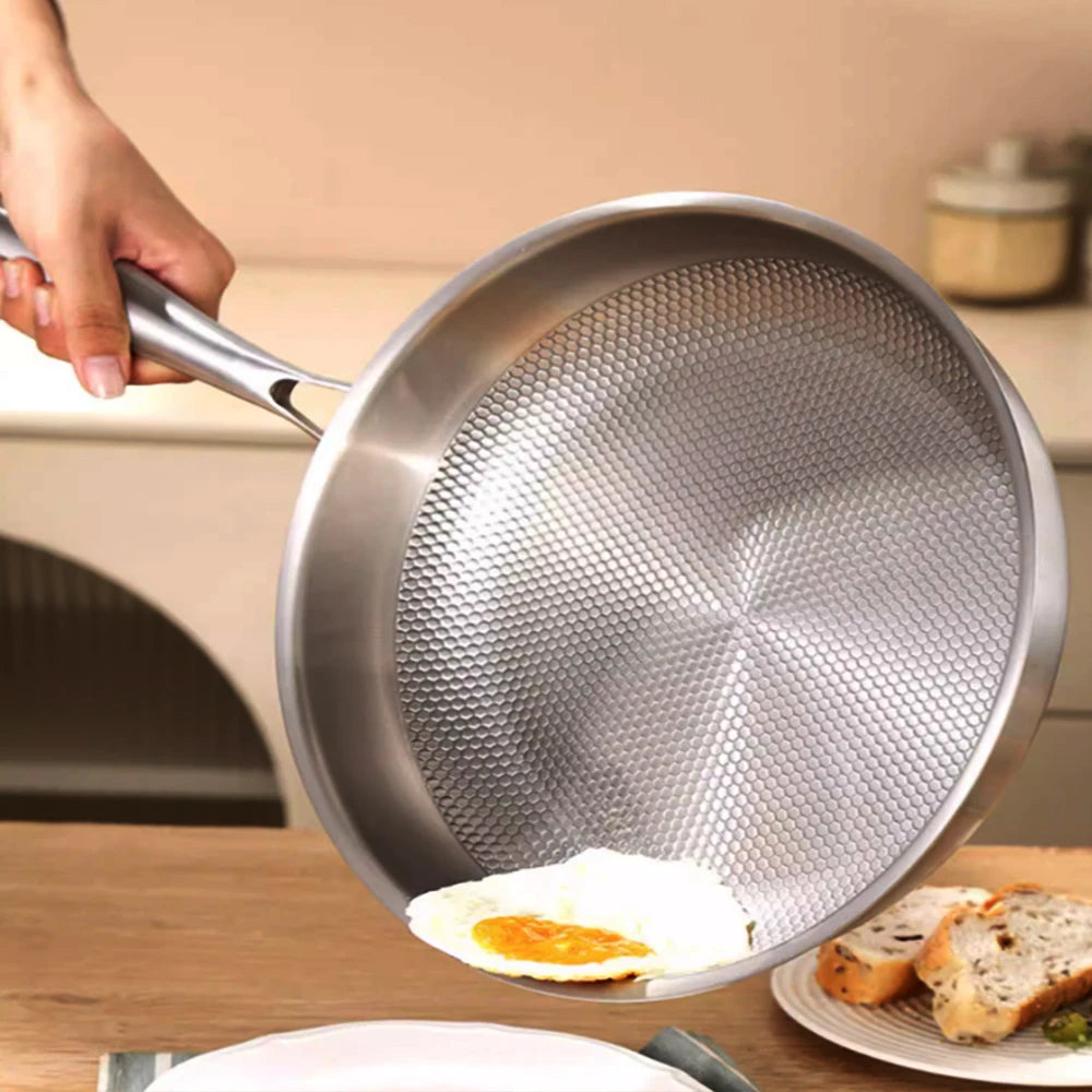 Wok en acier inoxydable 304 Poêle à frire antiadhésive Poêle à steak Ustensiles de cuisine non revêtus adaptés à la cuisinière à gaz et à l'induction