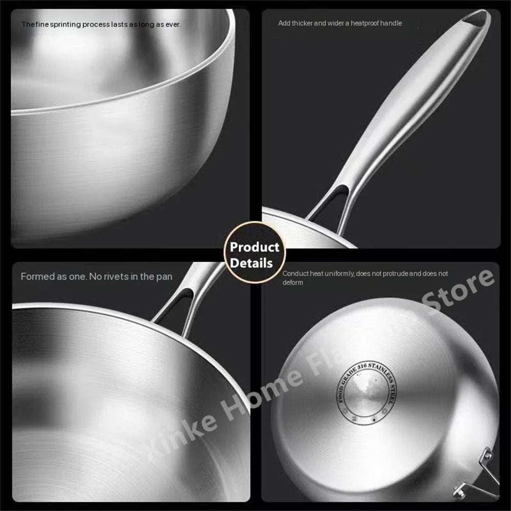 316 Stainless Steel Frying Pan Deepened Wok Uncoated NonStick Skillets Gas Stove Induction Cooker Universal Pan Kitchen Cookware