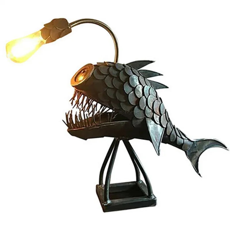 Lámpara de Mesa Retro con Forma de Pez Pescador, Luz Nocturna, Cabeza de Lámpara Flexible, Lámparas de Mesa Artísticas para Hogar, Bar, Cafetería, Adornos Decorativos de Arte para el Hogar