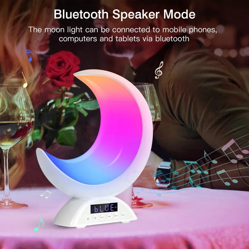 Linda lámpara de ambiente lunar con atenuación táctil, reloj, luz que cambia de color RGB, altavoz Bluetooth, reproducción de música, luz nocturna para dormitorio del hogar