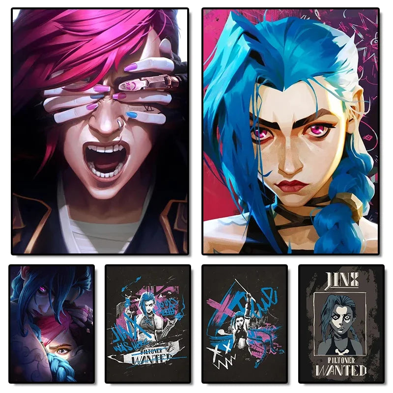 Arcane Temporada 2 Jinx VI Graffiti Caitlyn Jayce Viktor Póster de Personajes Impresión en Lienzo de Juego de Anime Arte de Pared Decoración de Habitación