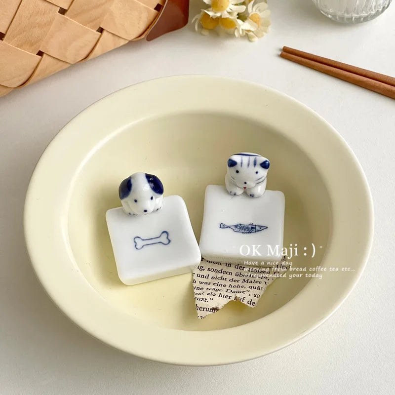 Porte-baguettes Kawaii Chat Chien en céramique, support pour couteau, cuillère, fourchette, vaisselle, porte-baguettes, décoration de table de salle à manger, fournitures de cuisine