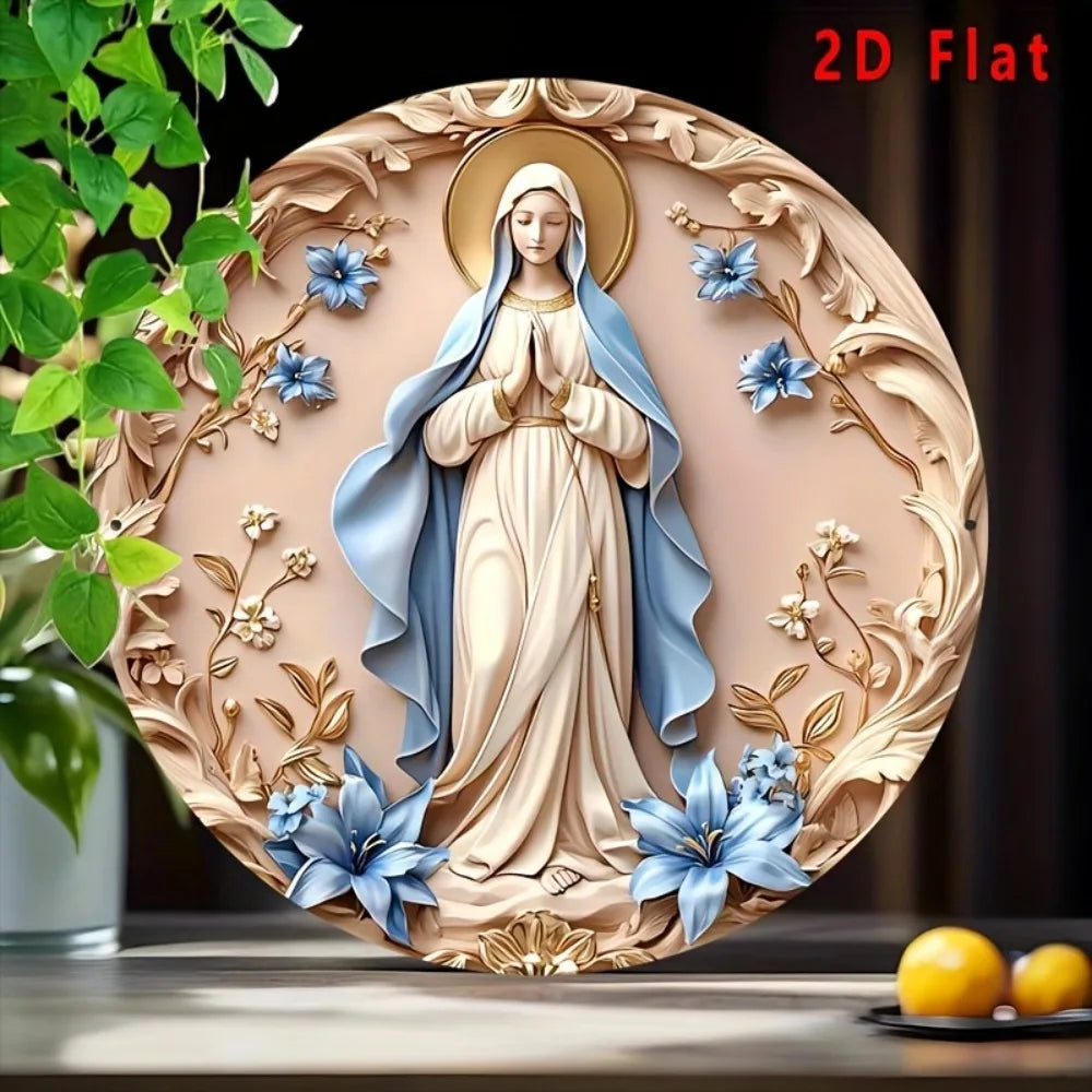 Decoración de pared de aluminio vintage de la Virgen María - Arte redondo de 8x8" con temática de María, regalo de Navidad para el hogar y la cocina