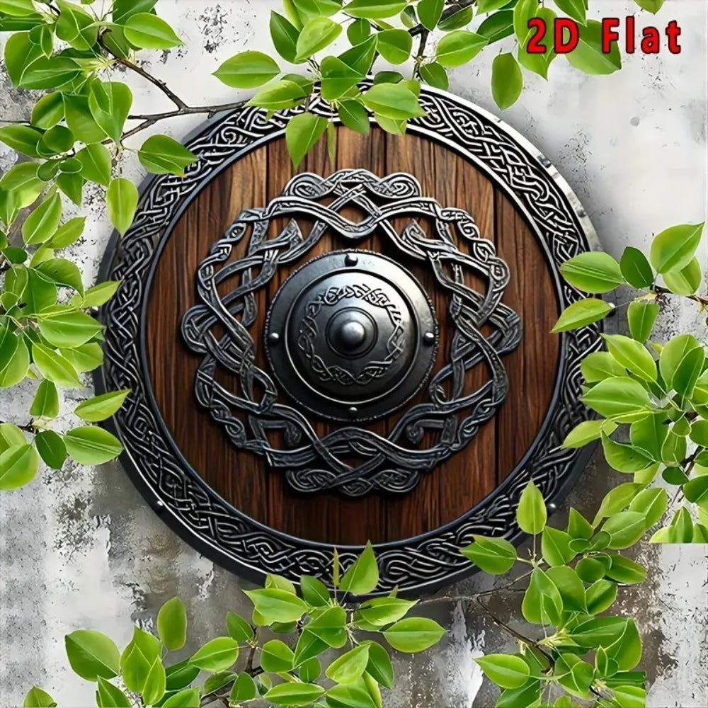 Decoración de pared metálica de escudo vikingo nórdico 2D plano con nudos celtas, marrón oscuro, para hogar, oficina, bar, cafetería