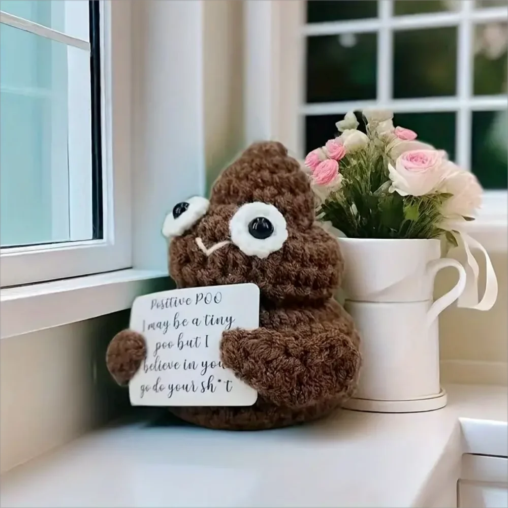 Muñeco de Ganchillo Bonito con Caca Positiva, Decoración de Punto Creativa, Tarjeta con Mensaje Positivo de Apoyo Emocional, Regalo de Año Nuevo y Cumpleaños