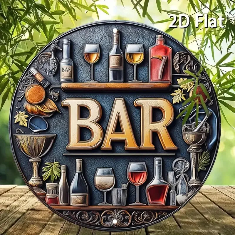 Enseigne murale ronde en métal vintage 2D, 1 pièce - Design élégant de vin et verres, art mural rond en aluminium rétro pour bars, cafés, maisons de plage