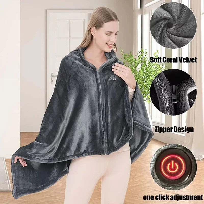 Couverture Chauffante Portable Châle Électrique 3 Niveaux de Chaleur Couverture Plaid 5V USB Velours Corail 8 Zones de Chauffe Chauffage Rapide