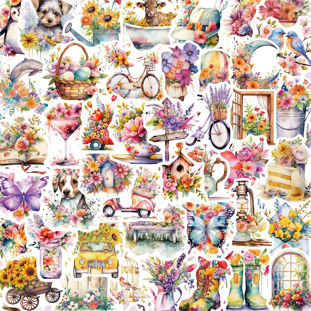 10/30/50pcs Retro Flowers World pegatinas de dibujos animados lindo estética Graffiti calcomanías ordenador portátil teléfono decoración pegatina juguete para niños